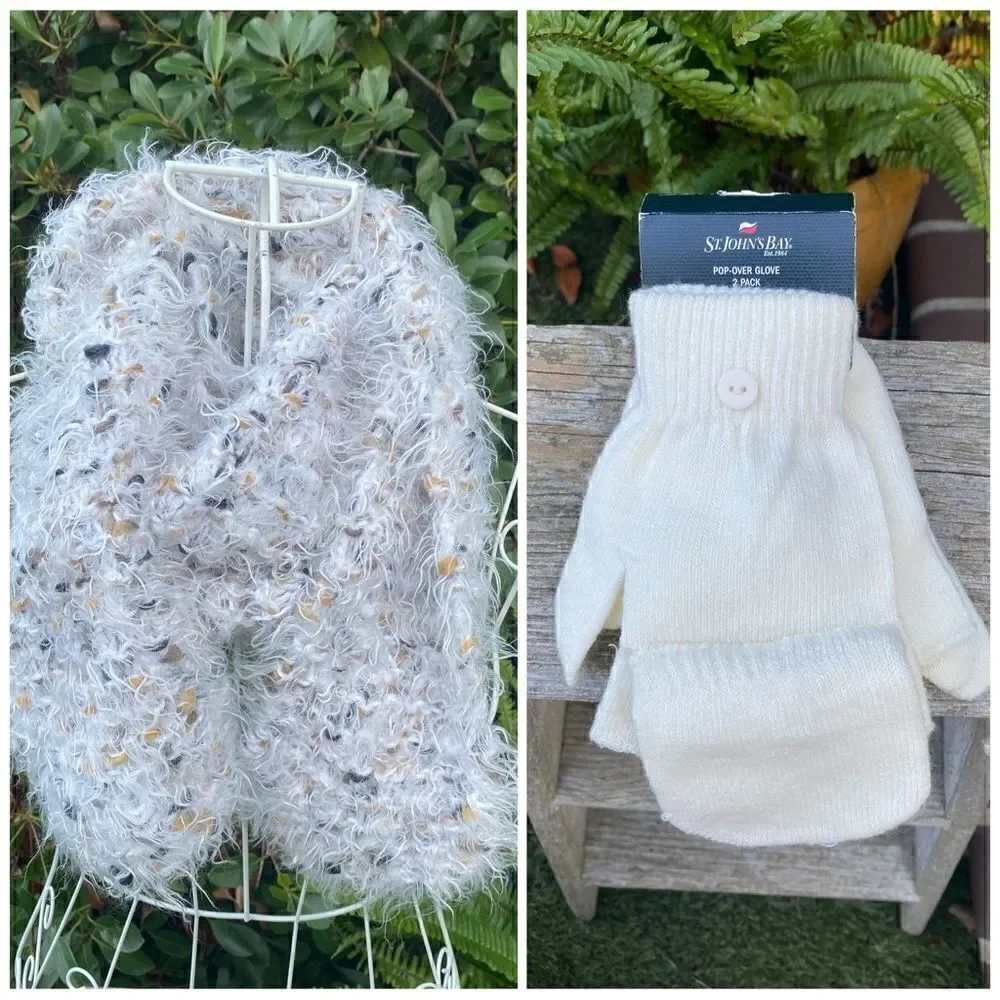 St John's Bay White Pop Over Glove Two Pack and Fuzzy Scarf. NWT.